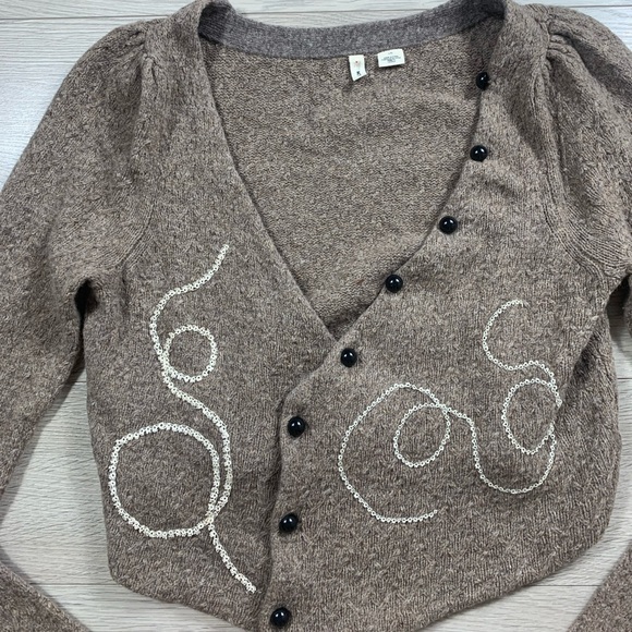 Anthropologie Moth Wool Brown Cropped Embroidered Cardigan Sweater - Picture 3 of 7